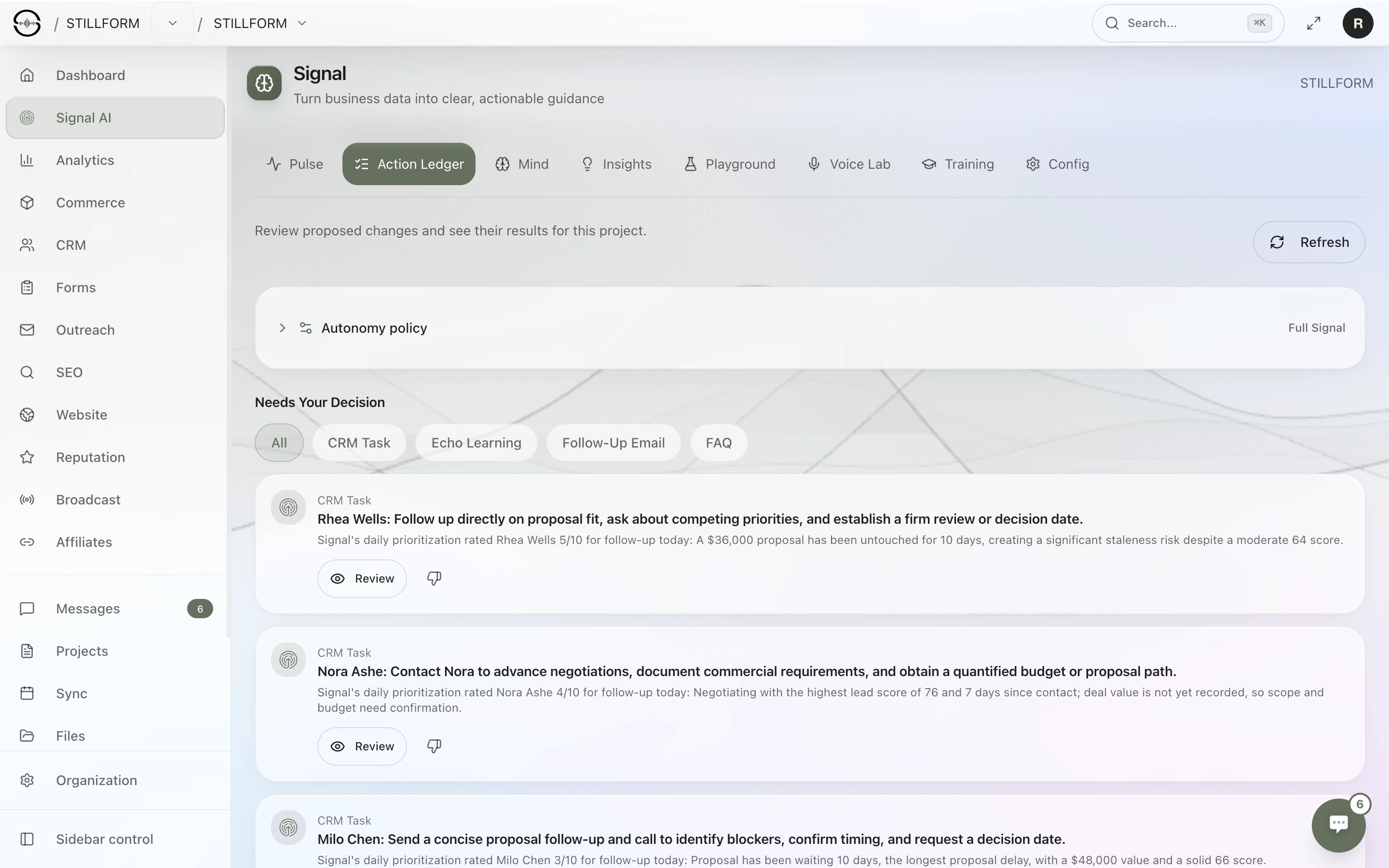 Signal's Action Ledger in Sonor: the autonomy policy, a Needs Your Decision list filtered by CRM task, Echo learning, follow-up email and FAQ, and proposed follow-ups with Signal's reasoning and a Review button