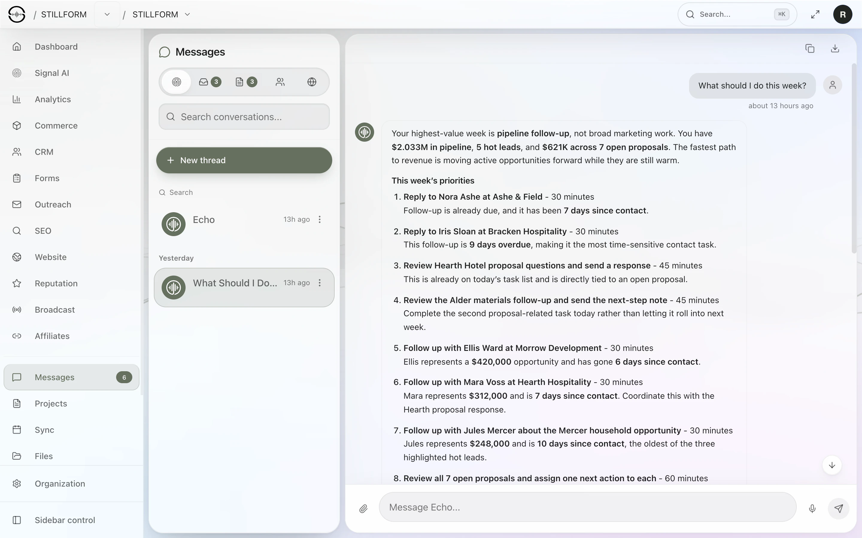 Echo in Sonor Messages answering “What should I do this week?” with the pipeline total, hot leads and open proposals, then a numbered list of follow-ups with time estimates
