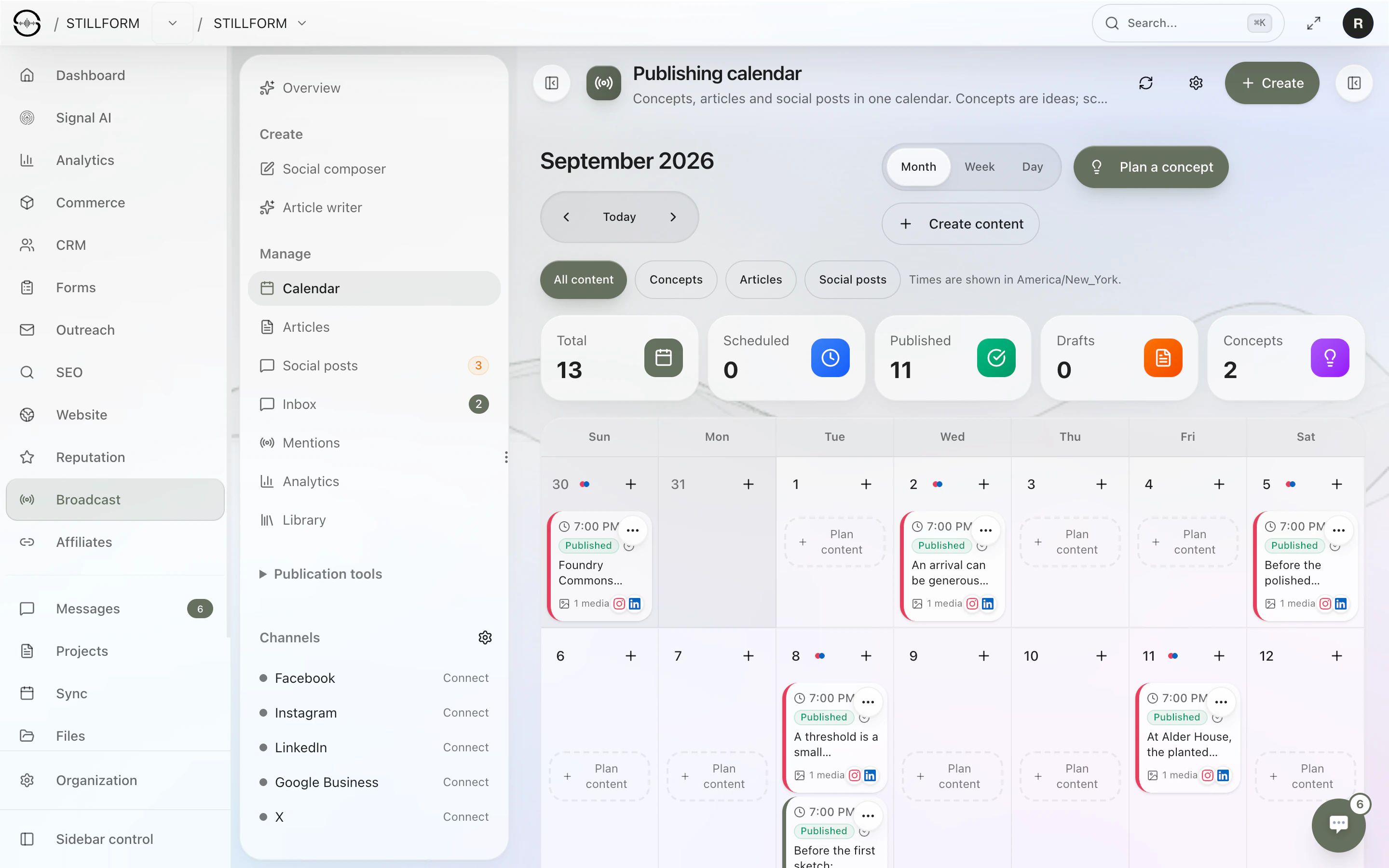 The Sonor Broadcast publishing calendar: a September month grid of published Instagram and LinkedIn posts, with totals for scheduled, published, drafts and concepts