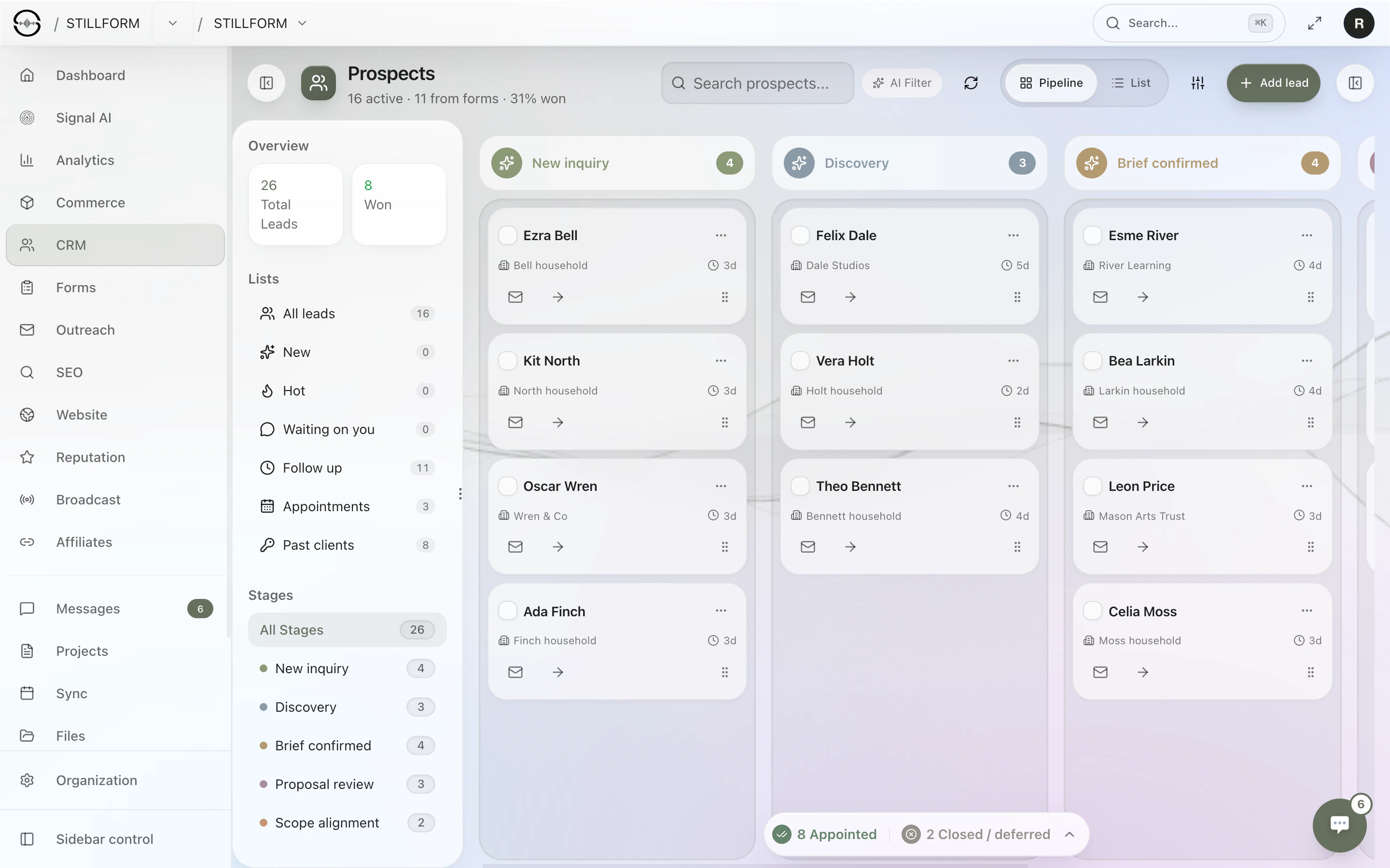 The Sonor CRM pipeline: 16 active leads, 11 from forms, lead lists in the sidebar and kanban columns for New inquiry, Discovery and Brief confirmed