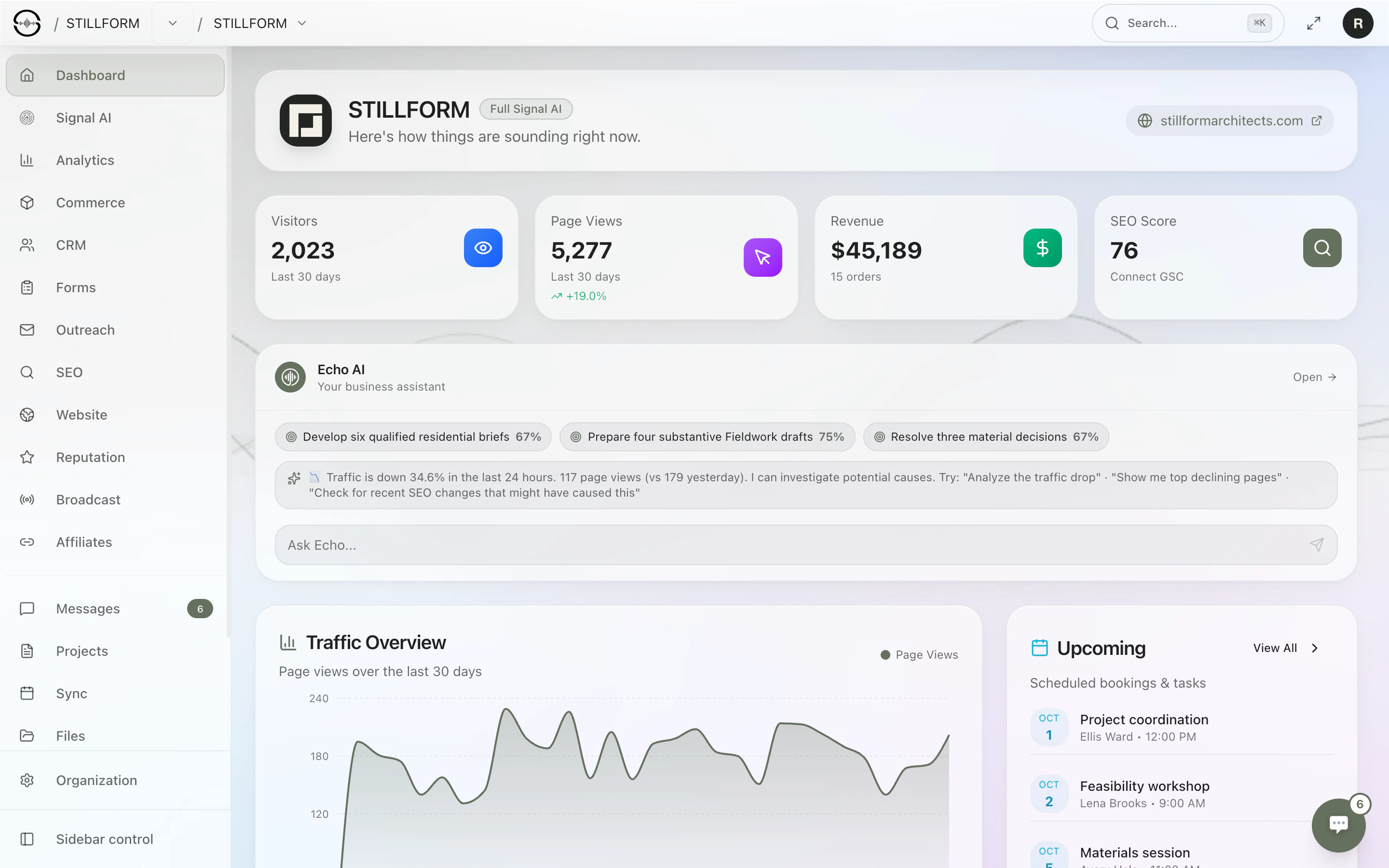 The Sonor dashboard: visitors, page views, revenue and SEO score tiles, an Echo card with three goals and a traffic dip it offers to investigate, a 30-day traffic chart and upcoming bookings