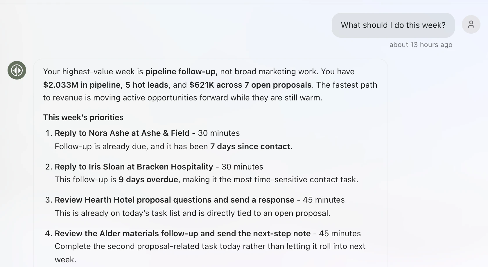Echo answering “What should I do this week?” with the pipeline total, hot leads and open proposals, then named follow-ups ranked with time estimates