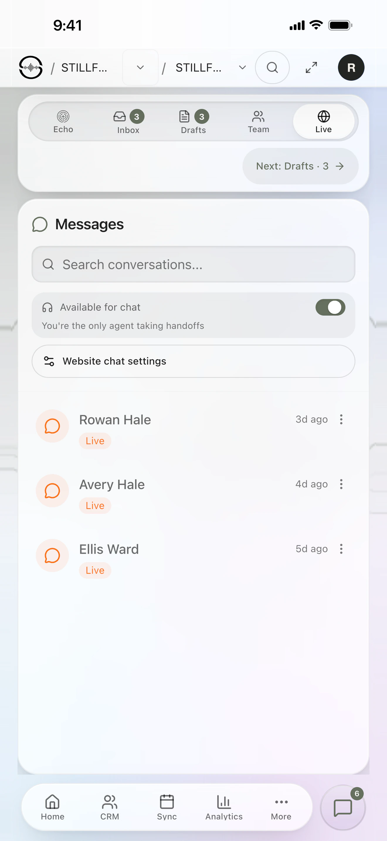 Sonor Messages on an iPhone, Live tab: website visitor chats handed to a person, an Available for chat switch and Echo, Inbox, Drafts, Team and Live tabs