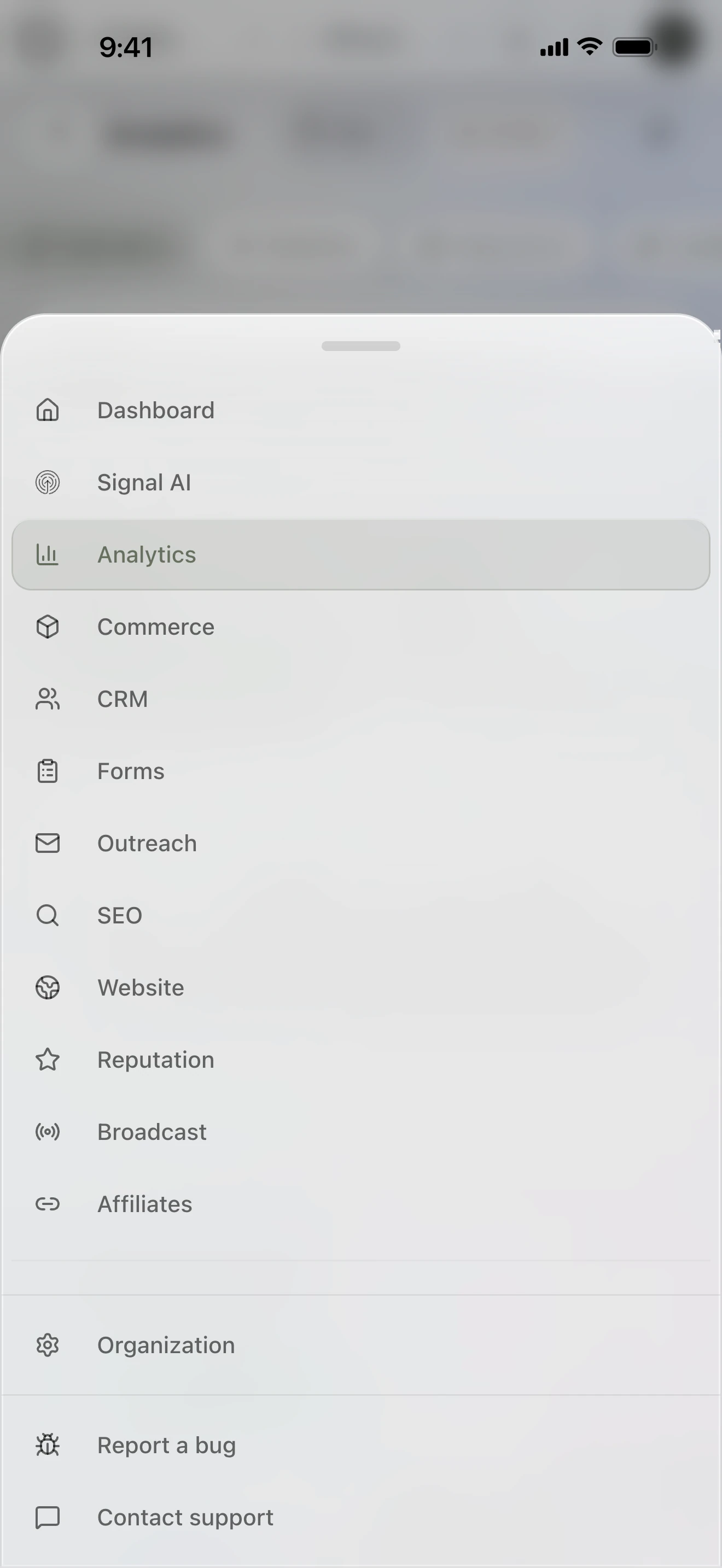 Sonor's More sheet on an iPhone listing every module: Dashboard, Signal AI, Analytics, Commerce, CRM, Forms, Outreach, SEO, Website, Reputation, Broadcast and Affiliates