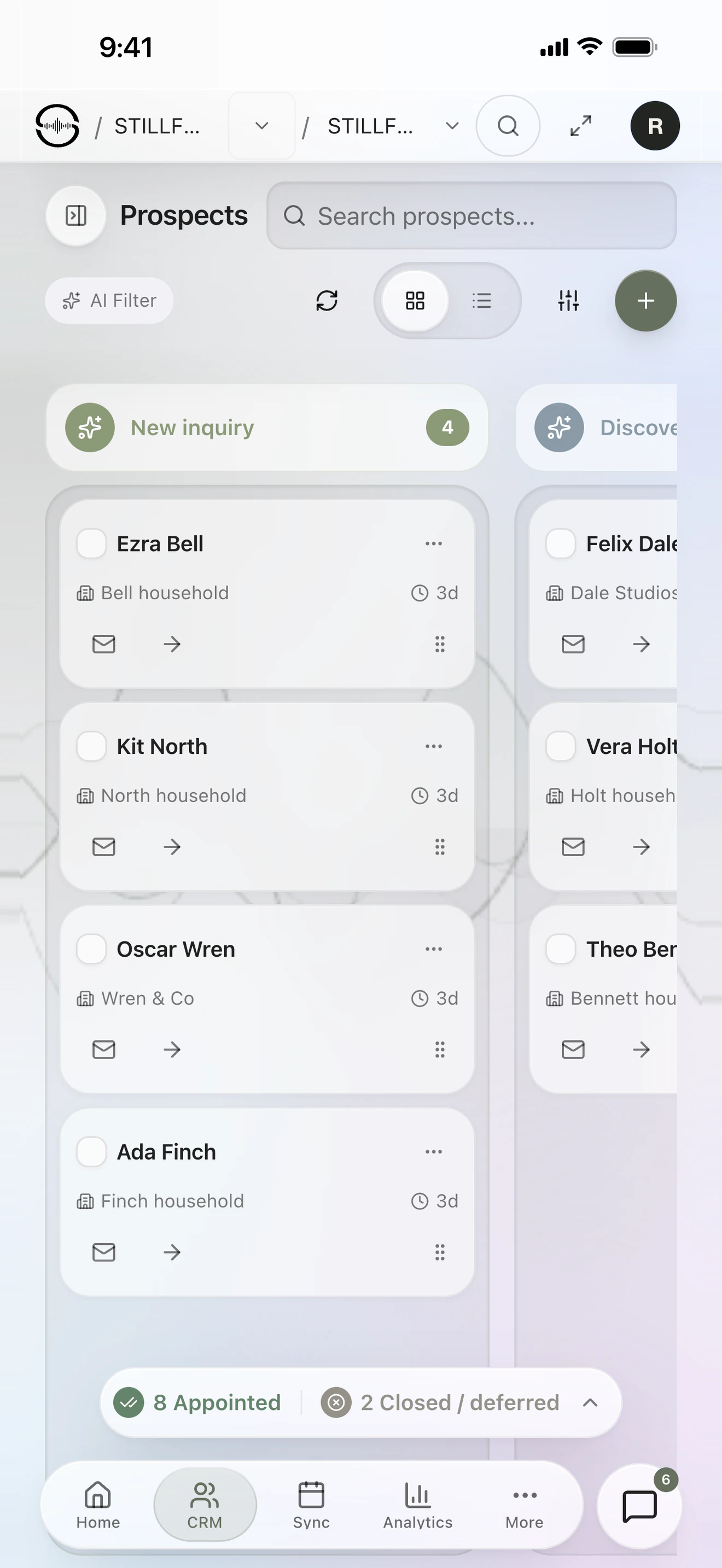 The Sonor CRM pipeline on an iPhone: swipeable stage columns of lead cards, an Appointed and Closed summary pill and the floating tab bar